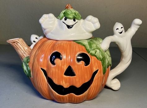 Teapot Pumpkin, Pumpkin Teapot, Lantern Ghost, Pumpkin Jack O Lantern, China Dishes, China Tea Sets, Pumpkin Jack, Tea Parties, Fitz And Floyd