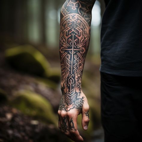 Nordic Inspired Tattoos, Runic Tattoo, Celtic Warrior Tattoos, Arm Tattoos Color, Nordic Tattoos, Viking Warrior Tattoos, Viking Tattoo Symbol, Half Sleeve Tattoos Forearm, Viking Tattoo Sleeve