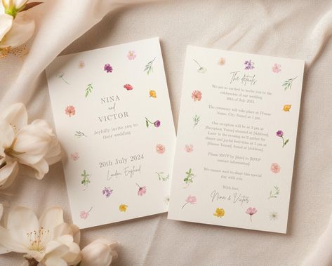 Celebrate your special day with our stunning Wildflower Printable Wedding Invitation, designed to bring a touch of natural beauty and with floral watercolor illustrations, capturing the essence of a blooming garden. This  romantic wedding invitation will remain cherished keepsakes for years to come. After your purchase you will receive a PDF with a link that gives you access to your editable template where you can adjust your own details in Canva. Canva allows you to personalize your printable f Simple Floral Invitations, Wildflower Theme Wedding Invitations, Wildflower Wedding Stationery, Wild Flower Wedding Invites, Special Wedding Invitation, Wildflower Wedding Invites, Wedding Invitations Flowers, Garden Party Wedding Invitations, Wedding Invitation Watercolor