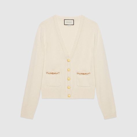 Shop the Cashmere cardigan in white at GUCCI.COM. Enjoy Free Shipping and Complimentary Gift Wrapping. White Gucci Cardigan For Winter, Luxury Gucci Elegant Cardigan, Luxury Gucci Long Sleeve Cardigan, Classic Gucci V-neck Cardigan, Gucci Luxury Wool Cardigan, Cardigan Gucci, Neutral Knitwear, Gucci Cardigan, Heel Sandals For Women