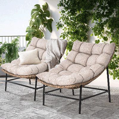 The rattan oversized papasan chair is ideal for any outdoor space, from a cozy cottage garden to a trendy urban patio. Not only are the oversized outdoor rattan chairs comfortable, but they are also stylish and stunningly designed, making these wicker patio oversized chairs a unique and eye catching addition to your collection. Transform your living space into a relaxation oasis with our patio double papasan chair with cushion and frame. | Bay Isle Home™ Ouseman Outdoor Lounge Chair w / Cushions Comfy Outdoor Seating, Outdoor Reading Chair, Outdoor Papasan Chair, Urban Patio, Double Papasan Chair, Blue Patio, Rattan Lounge Chair, Rattan Chairs, Modern Patio Furniture