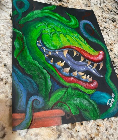 "Feed me, Seymour Feed me all night long That's right, boy! You can do it" Original Audrey II painted in acrylic on heavy black paper 9x12 Perfect for the musical theater and Little Shop of Horrors lovers 🪴🩸 70s Painting Ideas, Horror Painting Ideas, Audrey Little Shop Of Horrors, Horror Paintings, Feed Me Seymour, Art Mini Toile, Audrey Ii, Horror Drawing, Art Mignon