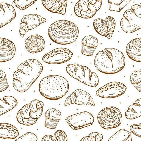 Seamless pattern. various baking. bread.... | Premium Vector #Freepik #vector #pattern #food #bakery #wallpaper Bread Doodle, Baking Wallpaper, Cake Background, Vintage Italian Posters, Yogurt Drink, Peanut Butter Banana Smoothie, Cake Vector, Banana Peanut Butter, Logo Design Set