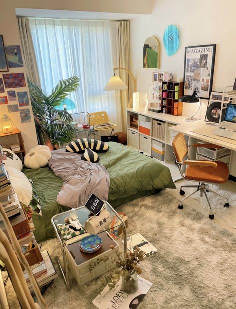 Green Black Room Aesthetic, Room Carpet Aesthetic, Carpet Room, Korean Room Aesthetic Green, Korean Style Room, Korean Bedroom Aesthetic Green, Dorm Room Anime Aesthetic, Japanese Dorm Room Aesthetic, Arrietty Bedroom Aesthetic