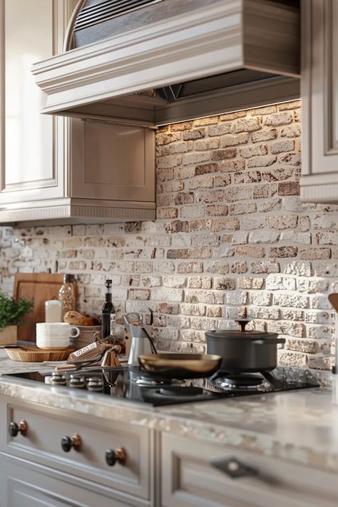 The 10 Most Pinned Cream Colored Kitchen Cabinets On Pinterest Limewash Kitchen Backsplash, Neutral Stone Backsplash, Brick Back Splash, Brick Kitchen Backsplash Ideas, Stacked Stone Backsplash Kitchen, Neutral Brick Backsplash, Neutral Kitchen Backsplash Brick, Brick Backsplash Cream Cabinets, Kitchen With Rustic Posts And Brick Backsplash