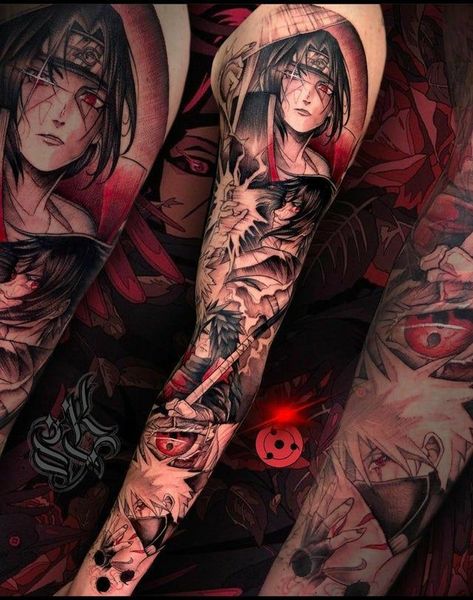 Anime Tattoo Arm Sleeve, Naruto Full Sleeve Tattoo, Naruto Sleeve Tattoo, Anime Tattoos For Men Sleeve, Anime Sleeve Tattoo, Kakashi Tattoo, Tato Naruto, Anime Arms, Gamer Tattoos