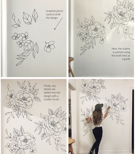 Painting an Indoor Wall Mural | Karla Jodoin Sharpie Wall Mural, Diy Painted Flower Wall, Creative Mural, Hand Drawn Wall Art, Flower Wall Murals Painted Diy, Bathroom Mural Ideas Painted, Simple Wall Murals Diy Paint Floral, Simple Flower Mural Wall Paintings, Wall Mural Quotes