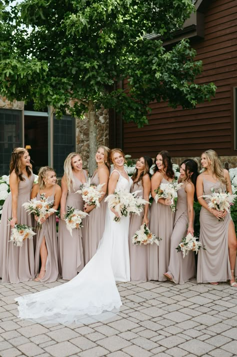 Wedding Motif Ideas 2023, Tan Bridal Party, Taupe Wedding Theme, Neutral Wedding Party, Taupe Wedding Colors, Tan Bridesmaids, Taupe Bridesmaid, Bridal Parties Colors, Taupe Wedding