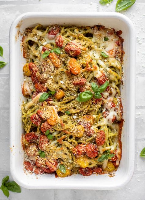 Baked Pesto Pasta - Baked Pesto Bucatini with Burst Tomatoes Pesto Bucatini, Easy Baked Pasta Recipes, Easy Baked Pasta, Baked Pasta Recipes Easy, Burst Tomatoes, Pesto Pasta Bake, Pasta And Vegetables, Pistachio Pesto, Dinner Rotation