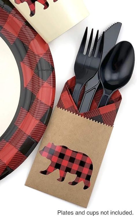 Bring a rustic charm to your Christmas dinner, holiday party, or lumberjack-themed birthday with our 12 Count Buffalo Plaid Bear Cutlery Set! Each bag showcases a buffalo plaid bear, perfectly paired with matching buffalo plaid paper beverage napkins and black plastic utensils. Ideal for adding a touch of wilderness to any celebration, delighting your guests with a cozy, woodland vibe! Bear Party Cutlery Bag Sets• 12 plastic forks, knives and spoons (black)• 12 kraft paper bags (4" x 2.5") with vinyl decals• 12 beverage-size (5" x 5") 3-ply paper napkins (buffalo plaid)• Simple assembly required; wrap the cutlery in napkins and tuck them inside the bags Crane Baby Shower, Lumberjack Baby Shower Theme, Plaid Party Decorations, Buffalo Plaid Party, Plaid Baby Shower, Camping Theme Birthday, Lumberjack Birthday Party, Party Cutlery, Boys First Birthday Party