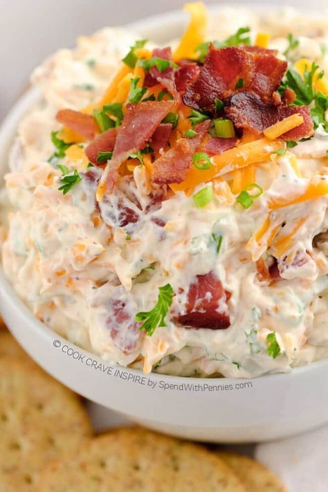 Bacon Cheddar Dip recipe. This creamy dip is amazing! It's so easy to whip up and it's always the hit of the party! Bacon Cheddar Dip, Bacon Cheese Dips, Cheddar Dip, Bacon Dip, Bread Sticks, Spend With Pennies, Caramelized Onion, Buffalo Chicken Dip, Spinach Dip