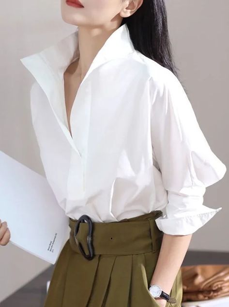 stylewe | stylewe Shirt Collar Pattern, Urban Shirt, Style Parisienne, White Blouses, White Collared Shirt, Autumn Clothes, Stylish Blouse, Linen Blouse, Office Attire