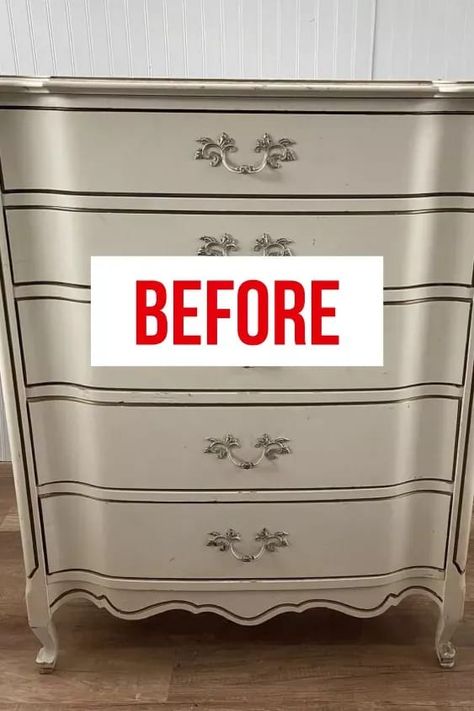 Check out this creative dresser upcycle idea. Painted dresser furniture flip to decorate bedroom on a budget. #dresser #makeover #upcyle Painting Old Dressers Ideas, Upcycled Furniture Dressers, Upcycled Dressers Ideas, Redoing Dressers Ideas, Repurposed Dresser Ideas, White Dresser Makeover, Old Dresser Makeover, French Provincial Chest Of Drawers, Dresser Makeover Diy