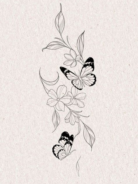 Butterfly Vines Tattoo, Orchid Butterfly Tattoo, Butterflies With Flowers Tattoo, Simple Tattoo Designs For Women, Shoulder Butterfly Tattoo, Butterfly Tattoo Thigh, Butterfly Floral Tattoo, Swirly Tattoo, Borboleta Tattoo