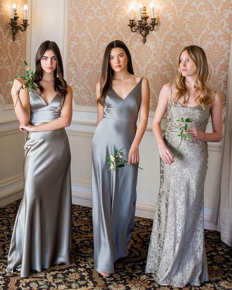 Wedding • Instagram Silk Bridesmaid Dresses, Silver Bridesmaid Dresses, Blue Satin Dress, Bridesmaid Dresses Uk, Silver Bridesmaid, Grey Bridesmaids, Grey Bridesmaid Dresses, Glam Look, Maxi Bridesmaid Dresses