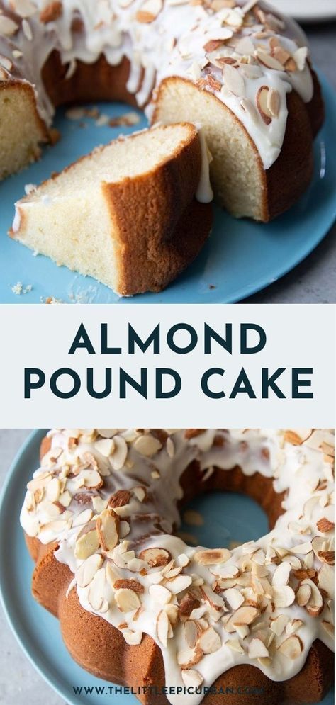 Moist almond pound cake made with almond flour. This flavorful, lightly sweet pound cake is topped with creamy almond glaze and generously garnished with toasted sliced almonds. Perfect for any occasion or as a sweet treat to enjoy! Almond Desert, Almond Pound Cake Recipe, Almond Sweets, Almond Pound Cake, Cake Glaze, Pound Cake Glaze, Almond Desserts, Almond Pound Cakes, Dessert Parfait