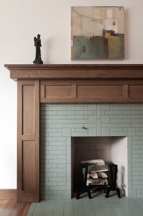 fireplace mantel...mix of warmth and cool...traditional and modern. Craftsman Style Fireplace, Craftsman Fireplace, Fireplace Redo, Fireplace Seating, Craftsman Interior, Vintage Fireplace, Freestanding Fireplace, Fireplace Hearth, Corner Fireplace