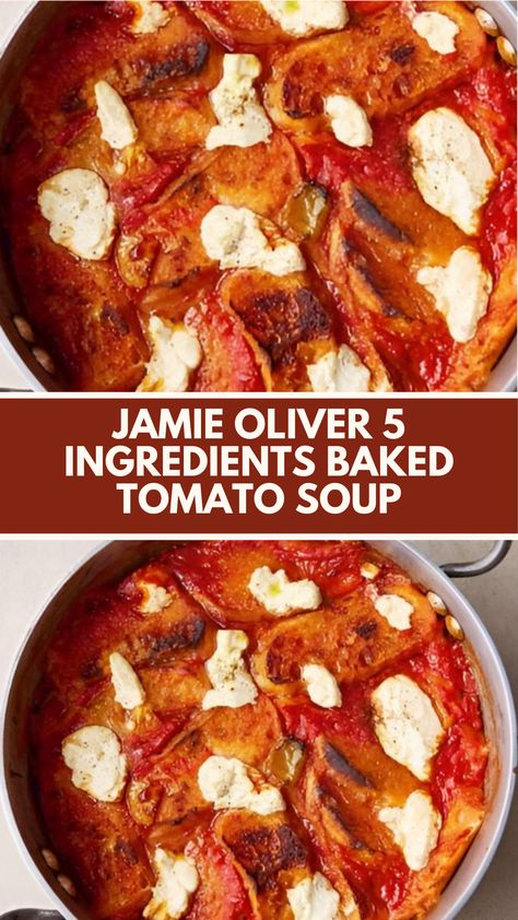 Jamie Oliver 5 Ingredients Baked Tomato Soup is made with mixed-colour peppers, garlic, plum tomatoes, ciabatta loaf, and ricotta cheese. This hearty baked Tomato Soup recipe creates a warm and cozy dish perfect for a family meal. It takes about 1 hour to prepare and serves up to 6 people.

This Baked Tomato Soup Recipe Is From 5 Ingredients Mediterranean Cookbook by Jamie Oliver. Baked Tomato Soup, Ciabatta Loaf, Jamie Oliver 5 Ingredients, Mediterranean Cookbook, Plum Recipes, Sausage Sandwiches, Tomato Soup Recipe, Baked Tomatoes, Jamie Oliver Recipes