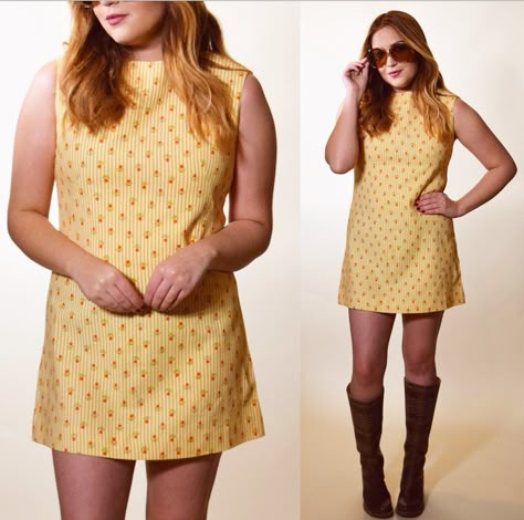 1960s mod authentic vintage yellow/gold pin stripe sleeveless micro mini dress with orange flowers women's size small 70s Mini Dress Vintage, 70’s Mini Dress, 50s Mini Dress, 60s Mini Dress Outfit, 60s Summer Dress, 60s Dresses Vintage, Ethereal Clothes, 60s Inspired Dress, Vintage Yellow Dress