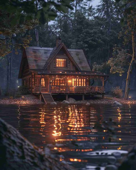 27+ Lake Cabins That Will Blow Your Mind Cabins By The River, Mountain Cabin Interiors, Mountain Cabin Bedroom, Cabin At Night, Fantasy Cabin, Cabin In The Forest, White Cabin, Cosy Aesthetic, Cottage Lighting