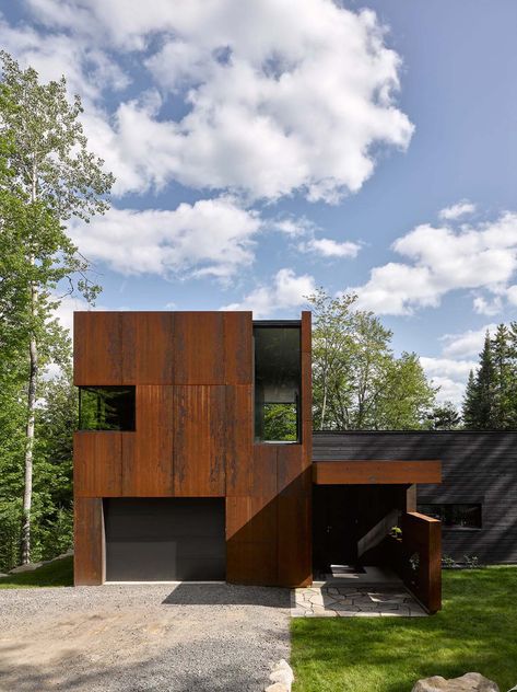 Weathered steel and blackened cedar inspires this Canadian lake house Metal Building Colors, Modern Metal Building, Canadian Lakes, Metal Shop Building, Funny Real Estate Quotes, Metal Building Designs, Funny Real Estate, Cottage Retreat, Metal Cladding