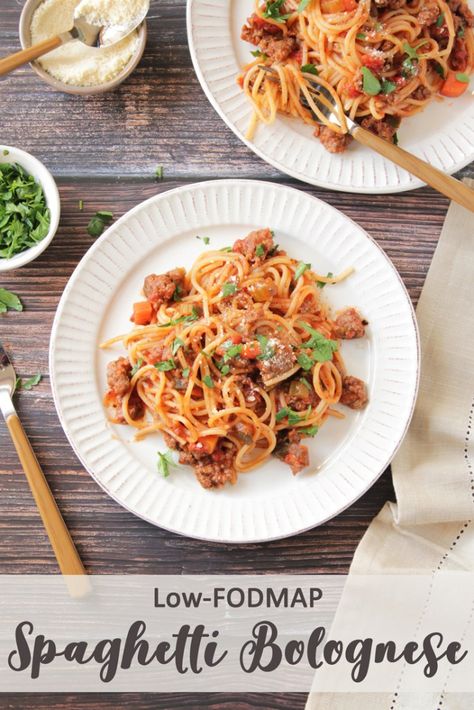 Low-FODMAP Spaghetti Bolognese - Delicious as it Looks Low Fodmap Spaghetti, Garlic Infused Oil, Chicken Bolognese, Fod Map, Fodmap Recipes Dinner, Low Fodmap Recipes Dinner, Low Fodmap Diet Recipes, Fructose Free, Gluten Free Spaghetti