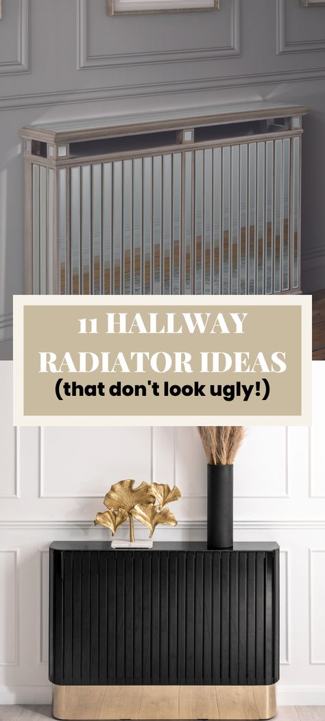 11 hallway radiator cover ideas that don't look ugly. One mirrored radiator cover, the other image is in a white panelled hallway, a stunning black radiator cover with a brass base that wraps around the bottom. Home Radiators Radiator Cover, Radiators Covers Ideas, Heating Radiator Cover, Large Radiator Cover Ideas, Small Hallway Ideas Radiator, Sofa In Front Of Radiator, Radiator Covers Hallway, Radiator Cover Under Tv, Radiator Cover Uk