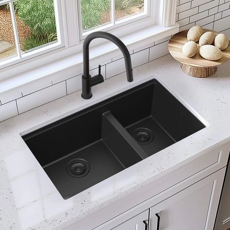 Sleek Design: The matte black finish of the quartz composite sink adds a touch of modern elegance to any kitchen, making it a stylish focal point. Durable Material: Constructed from high-quality quartz composite, the sink is resistant to scratches, stains, and high temperatures, ensuring long-lasting durability. Integrated Accessories: The sink comes with a cutting board, roll-up tray, and strainer, providing a convenient all-in-one solution for meal preparation and cleanup. Spacious Basin: The Kitchen With Black Sink, Black Farmhouse Sink, Kitchen Sink Remodel, Quartz Kitchen Sink, Kitchen Sinks And Faucets, Pot Filler Kitchen, Workstation Sink, Double Kitchen Sink, Composite Sink