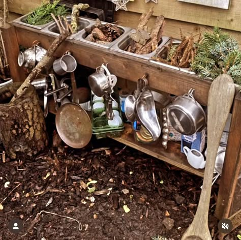 Waldorf Mud Kitchen, Preschool Fairy Garden, Sandbox Alternative, Outdoor Provocations, Mud Kitchen For Kids, Natural Play Spaces, Food Forest Garden, Outdoor Play Space, Play Area Backyard