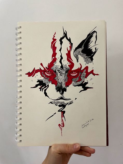 Black And Red Pen Drawing, Red Pen Sketch, Red Pen Drawings, Cat Tattoo Idea, Black Pen Sketches, Water Sketch, Black Pen Drawing, Drawing Details, Pen Tattoo