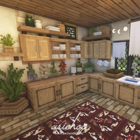 Minecraft Cottagecore Interior, Cottage Kitchen Interior, Minecraft Interior Ideas, Cottagecore Interior Design, Interior Design Minecraft, Minecraft House Interior, Description Ideas, Cottagecore Interior, Minecraft Kitchens