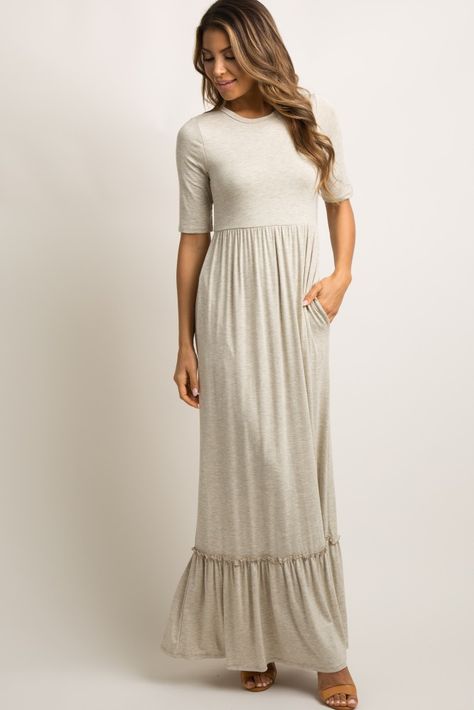 Beige Ruffle Trim Maxi Dress Modest Maternity Outfits, Simple Modest Outfits, Modest Dress Patterns, Modest Long Dresses, Modest Maxi Dress, Modest Summer Dresses, Maternity Maxi Dress, Maxi Dress Outfit, Modest Dresses Casual