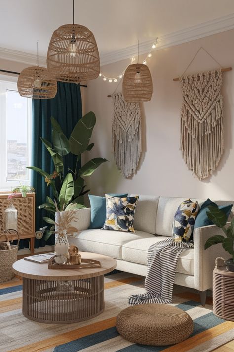 Cozy living room with a beige sofa, woven decor, plants, and wooden accents. Modern Boho Chic Living Room, Boho Chic Decor Living Room, Living Room Remodel Ideas, Chic Boho Living Room, Boho Modern Living Room, Boho Chic Interior Design, Boho Chic Interior, Chic Living Room Decor, Timeless Color Palette