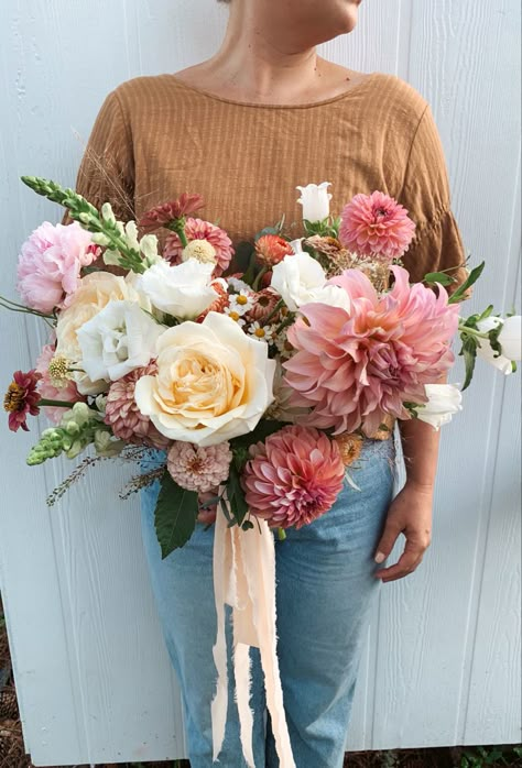 #dahlias #roses #gardenrose #pink #warm #warmcolorpalette #gardenstyle #bridalbouquet #bouquet #weddingflowers #elopementwedding #floraldesign #flowers #bride #floralinspiration #flowerinspiration Dahlia Bridal Bouquet, Dahlia Wedding Bouquets, Chrysanthemum Wedding, Summer Bridal Bouquet, Bridal Bouquet Summer, Dahlias Wedding, Peach Bouquet, Dahlia Bouquet, Orange Wedding Flowers