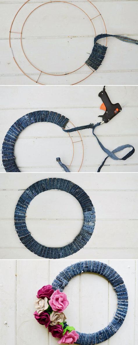 Denim Wreaths, Återvinna Jeans, Make A Wreath, Denim Crafts Diy, Crafts Diy Projects, Pom Pom Wreath, Diy Sweater, Felt Roses, Blue Jeans Crafts