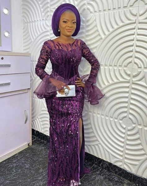 A Shape Gown Lace Aso Ebi, Kente Dresses, Owambe Styles, Nigerian Lace Dress, Asoebi Style, Aso Ebi Lace Styles, Lace Long Gown, Stylish Naija, Nigerian Lace Styles Dress