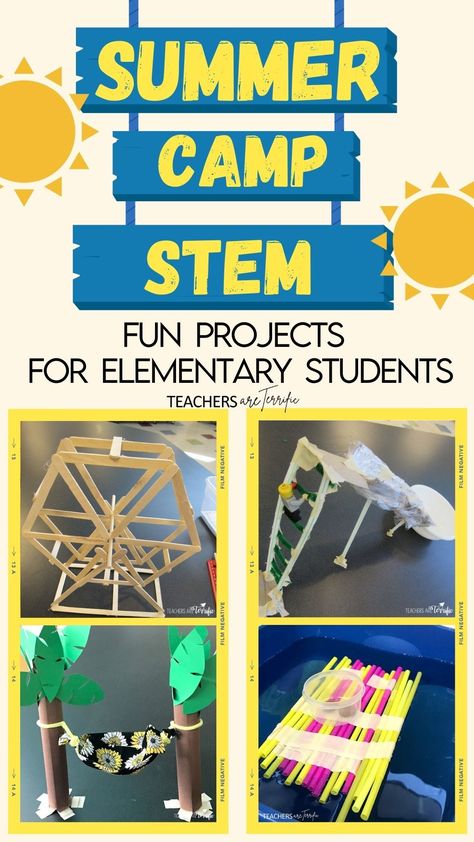 Summer Camp STEM- fun projects for elementary students. Check this post for ideas to keep those summer camp kids busy and engaged! Summer Stem Projects, Projects For Elementary Students, Summer Stem Activities, Stem Summer Camp, Math Camp, Stem Camp, Summer Camp Themes, Elementary Stem Activities, Summer Stem