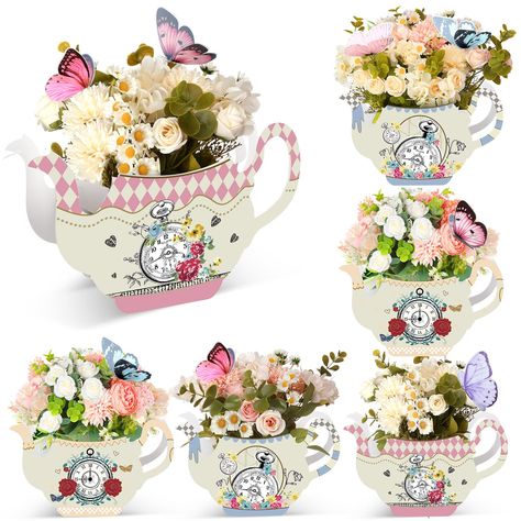 PRICES MAY VARY. Beautiful Tea Party Favors: designed with classic colors and floral patterns, teapot favor boxes centerpieces are delicate and beautiful, with rich patterns and bright colors to bring joy and fun to your party Sweet and Exquisite: adopting many elegant elements and patterns, the overall design of tea pot party favor box centerpiece is very suitable for the floral tea party atmosphere, which can not only add flavor to your dining table, but also leave your guests unforgettable me Tea Themed Birthday Party, Centerpiece For Birthday, Flower Box Centerpiece, Teapot Centerpiece, Tea Party Table Settings, Tea Party Centerpieces, Princess Centerpieces, Vintage Tea Pot, Floral Teapot