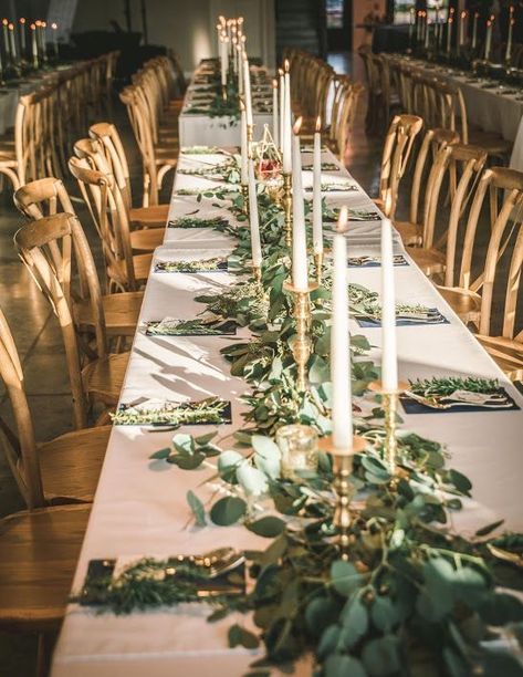 Brass Candle Sticks Wedding, Table With Candlesticks, Brass Candlesticks Wedding, Wedding Reception Greenery, Large Wedding Reception, Brass Wedding Decor, Reception Greenery, Wedding Brass Candlesticks, Taper Candle Centerpiece