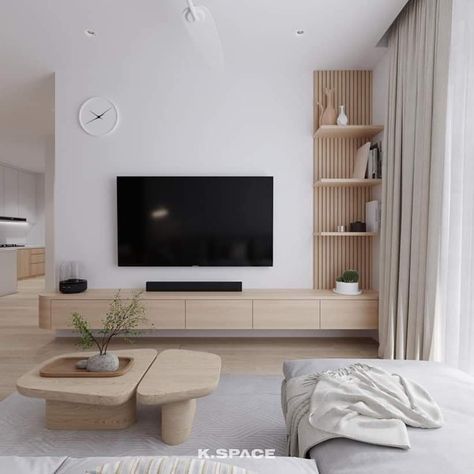 Tv Scandinavian Living Room, Scandi Tv Wall Design, Living Room Tv Cabinet Decor, Japandi Feature Wall Living Room, Tiny Family Room Ideas, Muji Tv Console, Hung Tv Ideas Wall, Tv Stand Scandinavian Style, Scandinavian Tv Wall Design