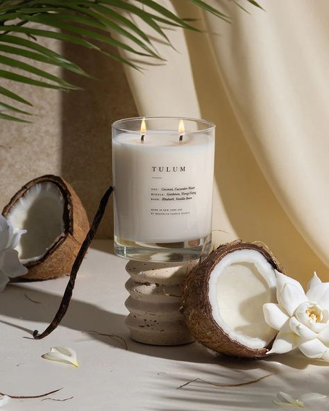 Tulum Classic 2-Wick Candle | Brooklyn Candle Studio Body Oil Candle, Candle Photoshoot, Brooklyn Candle Studio, Candle Photography, Vanilla Girl Aesthetic, Coconut Husk, Cucumber Water, Candle Brand, Oil Candle