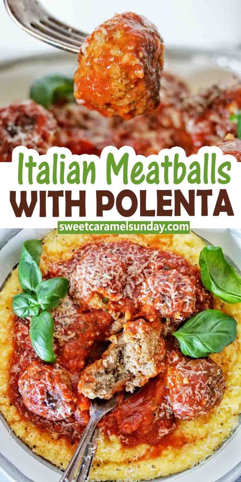 Meatballs And Polenta, Meatballs With Polenta, Baked Polenta Recipes, Italian Polenta, Cheesy Polenta, Baked Polenta, Savory Meatballs, Meatball Dinner, Worst Cooks