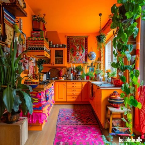 Orange Maximalist, Groovy House, Colorful Eclectic Home, Maximalist Room, Caribbean Decor, Retro Interior Design, Bohemian Interior Design, Bohemian Kitchen, House Aesthetic