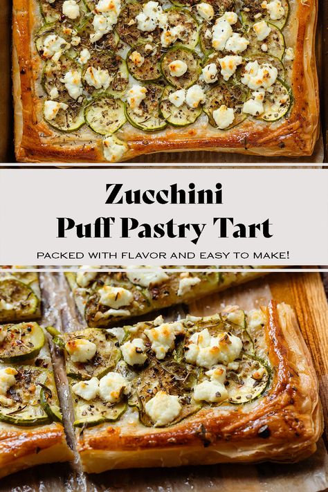 This cheesy Zucchini Puff Pastry Tart is easy to make and simple, but still fancy enough to serve as an appetizer at a party or a game night. It's garlicky, herby,  and a little spicy. Try this tart if you're looking for a new, delicious way to use up all that summer zucchini! Puff Pastry Veggie Tart, Zucchini Puff Pastry Recipes, Vegetable Puff Pastry Recipes, Puff Pastry Zucchini, Veggie Pastry, Veggie Tart, 2023 Food, Pastry Appetizer, Summer Zucchini