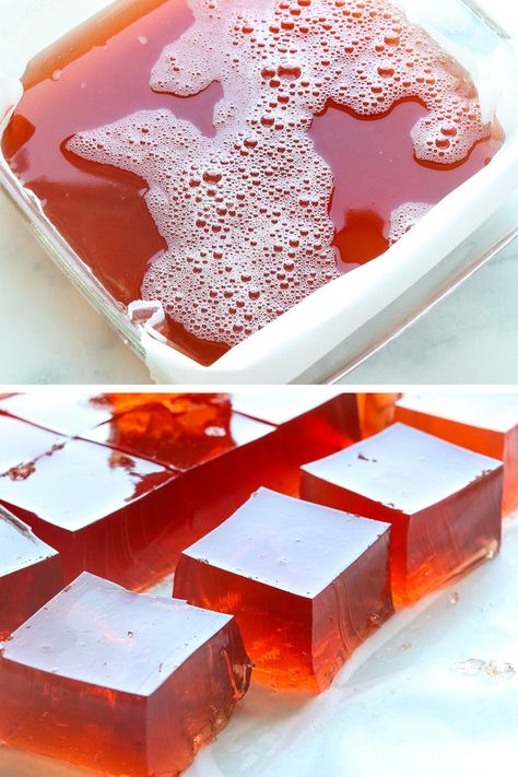 Make homemade Jello with just 2 simple ingredients! This version is sweetened with 100% fruit juice and can be stirred together in minutes. Homemade Jello With Beef Gelatin, Fruit Juice Jelly Recipe, Fruit Jello Recipes, Homemade Jello With Gelatin, 2000 Food, Jello Deserts, Gelatin Desserts, Homemade Jello, Jello With Fruit