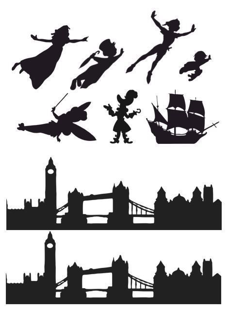 London Skyline Silhouette, Peter Pan Cakes, Peter Pan Silhouette, Silhouette Disney, Peter Pan Wendy, Peter Pan Nursery, Peter Pan Party, Disney Silhouette, Disney Silhouettes