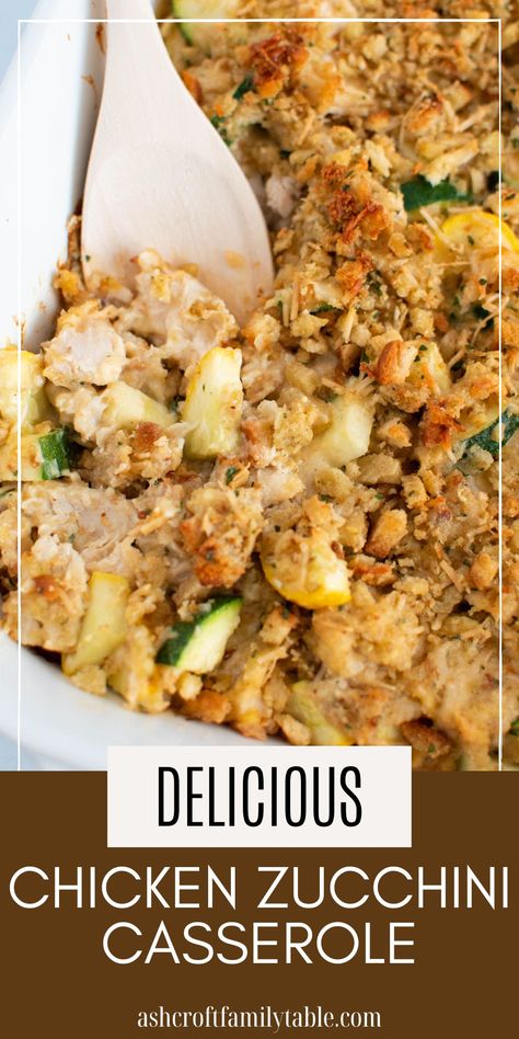 This Chicken Zucchini Casserole with Stuffing features rotisserie chicken, two kinds of squash, a creamy sauce, and a crunchy cheesy stuffing topping. It's a delicious way to use up your garden produce! Rotisserie Chicken Zucchini Casserole, Zucchini Chicken Casserole, Zucchini Casserole With Stuffing, Casserole With Stuffing, Turkey Crockpot, Grilled Chicken Dinner, Chicken Squash, Turkey Crockpot Recipes, Chicken Zucchini Casserole