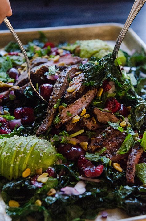 Massaged Kale Salad With Cherries, Pistachios & Grilled Flank Steak Salad With Cherries, Massaged Kale Salad, Whole 30 Meal Plan, Massaged Kale, Grilled Flank Steak, Whole30 Recipes, Steak Salad, Recipe 30, Paleo Whole 30