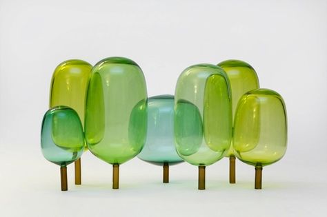 The Woods is a second collaboration between Norwegian design studios StokkeAustad and Andreas Engesvik and was inspired by the forests and northern lights. Norwegian Design, 카드 디자인, Grand Palais, Glass Vases, Wood Glass, Green And Blue, Glass Sculpture, Artsy Fartsy, Hand Blown Glass