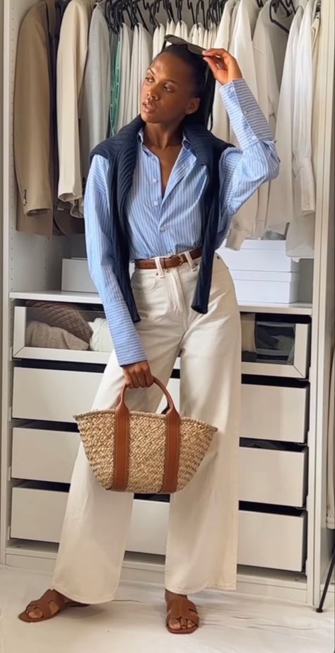 Blue Striped Shirt Outfit Fall, Blue White Striped Blouse Outfit, Stripy Shirt Outfit Women, White Pant Work Outfit, Blue Shirt White Pants Outfit Woman, Blue Shirt Women Outfit Work, Blue And White Blouse Outfit, Baby Blue And Brown Outfit, White Blue Striped Shirt Outfit